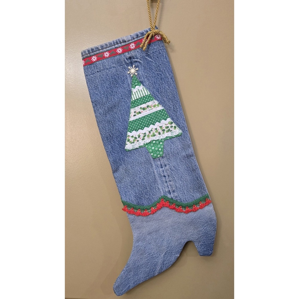 Vtg Handmade Denim Cowboy Boot Christmas Stocking Rustic Western Upcycled Jeans